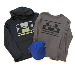 Under Armour Black Hoodie with White Yellow Logo, Long Sleeve Shirt, & Blue Cap